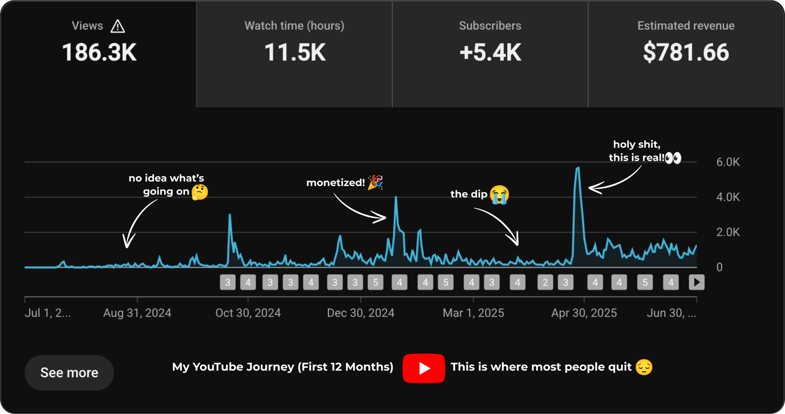 YouTube Studio analytics, year one: 186.3K views, 11.5K watch hours, 5,400 subscribers, $781.66 in revenue